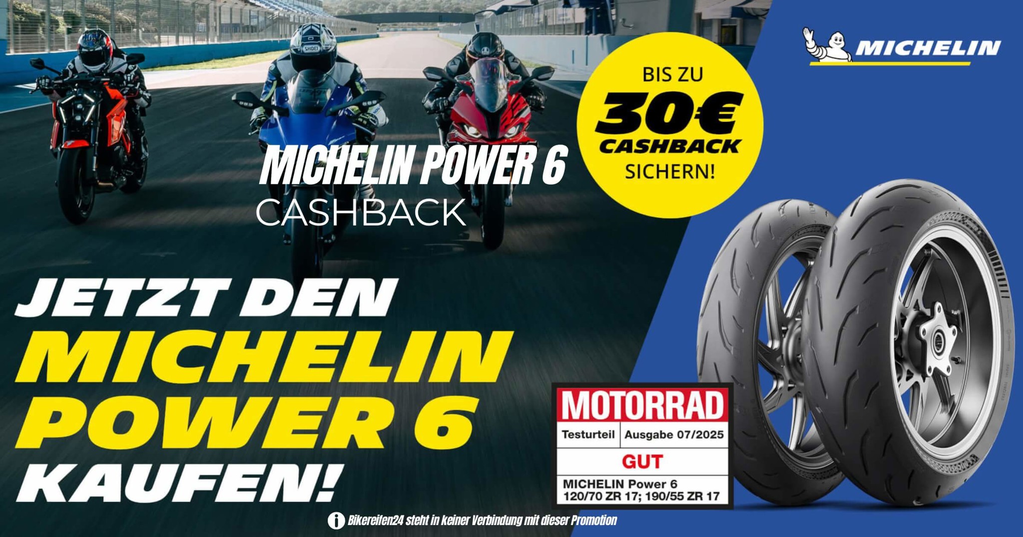 Michelin Power 6 Cashback Aktion 2025: Bis zu 30 Euro für sportliche Motorradfahrer